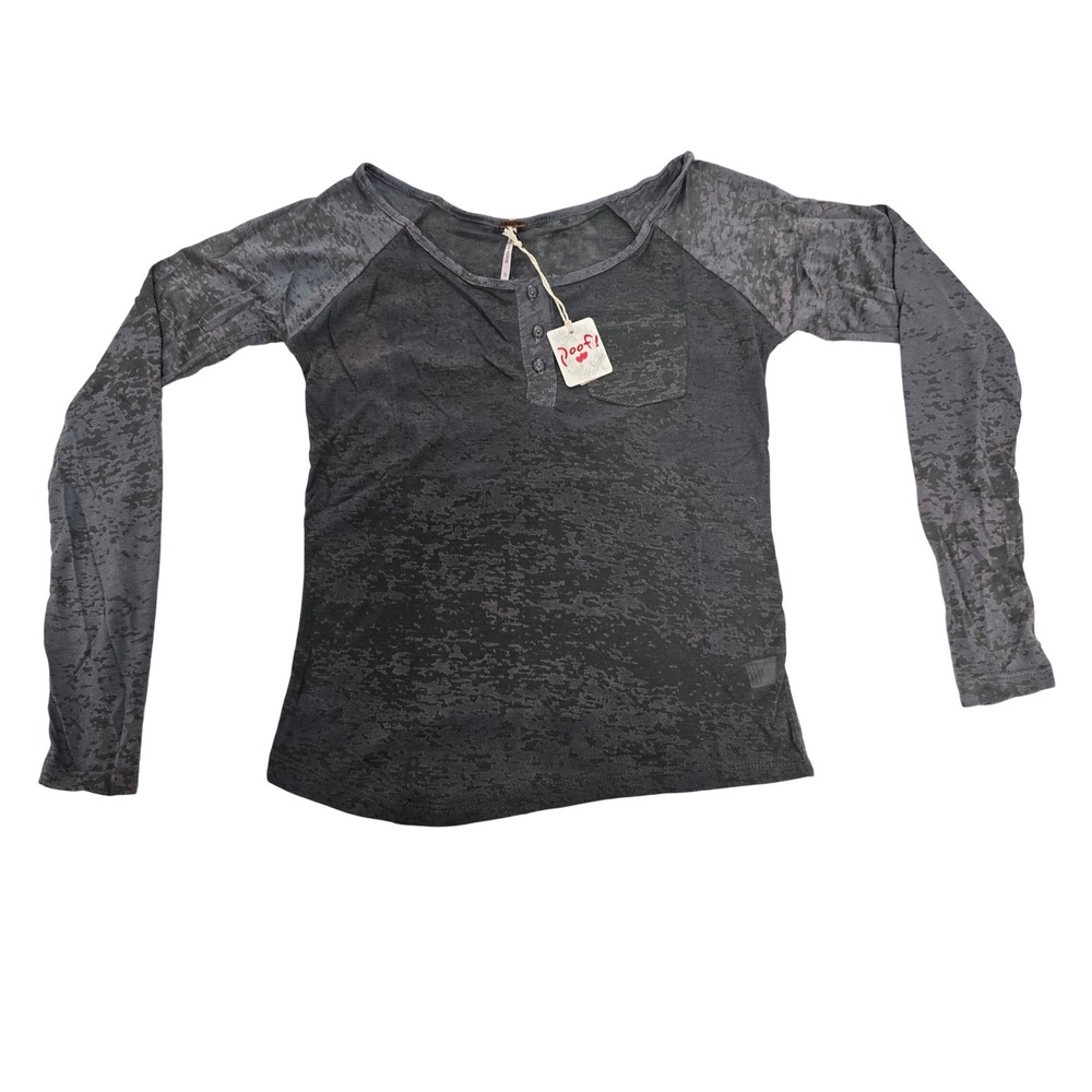 Poof Womens Burnout Henley Long Sleeve Shirt Charcoal Grey Pocket Top Small NWT